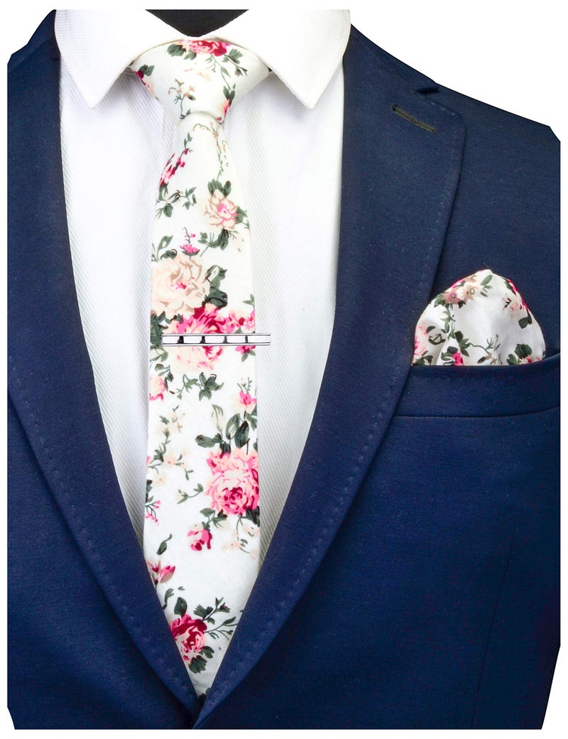 GUSLESON Mens Creamy-white Tie Slim Floral Ties for Men Skinny Cotton Necktie and Pocket Square Sets (0941-09) - Image 2